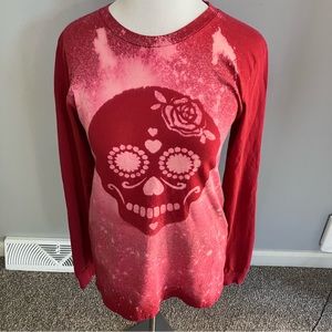 Sugar Skull Bleach Dyed Splatter Halloween Day of the Dead Long Sleeve Tee Small